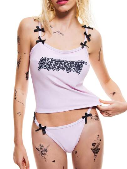 Goth Conjunto de top camiseta y braguitas tipo tankini con lazo y eslogan estilo punk para mujer, Halloween
