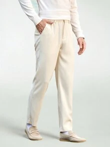 Manfinity VCAY Men's Woven Long Slim Fit Straight Leg Casual Pants With Elastic Waistband, Suitable For Daily Wear - Apricot - View 3