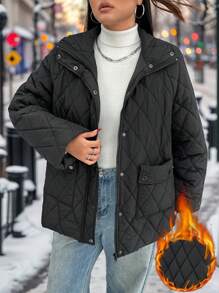 SHEIN EZwear Abrigo casual acolchado con cierre de cremallera y bolsillos para mujer talla grande, color negro y manga larga, para invierno