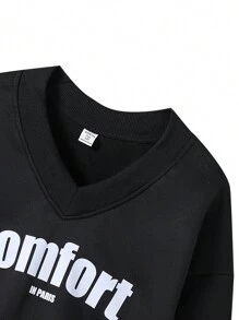 SHEIN Moletom casual para meninas adolescentes, cor sólida, estampa contrastante, ombro caído, decote em V, ajuste solto, quente