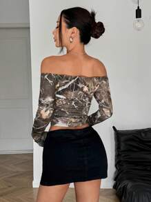 SHEIN EZwear Bedrukt gebreid off-shoulder T-shirt, minimalistische en casual dagelijkse kleding