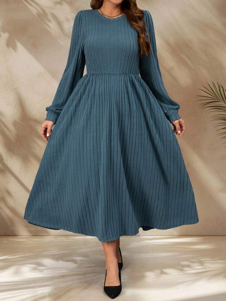 Plus Size Plain Round Neck Long Sleeve Casual Long Dress,Spring,Valentine's Day,Classy Outfits For Women