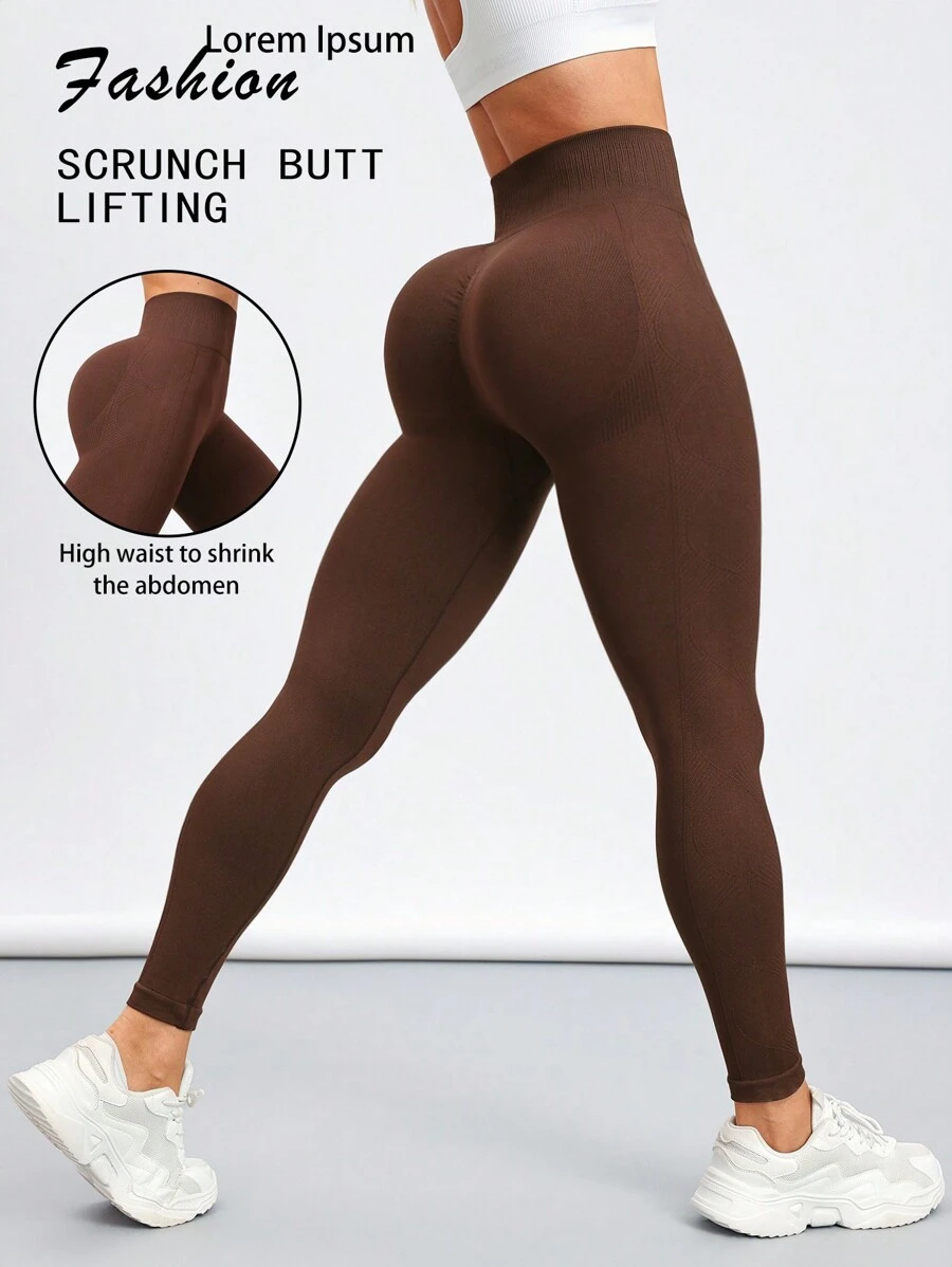 Easithlete Women High-Waist Seamless Solid Color Sports Leggings - Coffee Brown - View 1