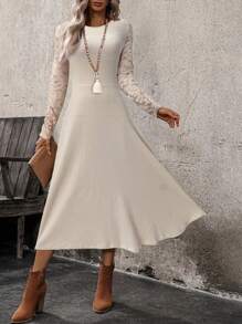 EMERY ROSE Women Lace Patchwork Round Neck Long Sleeve Casual Mini Dressspring Clothes - Apricot - View 4