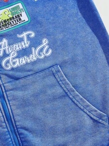 ROMWE MEN Prep Men's Washed Acid-Washed Zip-Up Sweatshirt - Blue - View 3