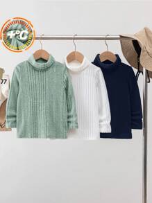 SHEIN Leap Crew 3 chiếc áo thun cổ lọ dệt kim màu trơn thoải mái và ấm áp cho bé trai, thích hợp mặc ở nhà và ngoài trời, mùa thu/đông - Màu xanh lam - Xem 5