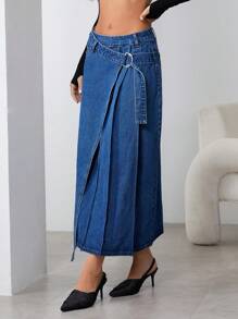 SHEIN Essnce Women's Pleated Pocket Minimalist Denim Skirt, Casual Everyday Wear - Dark Wash - View 4