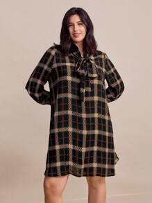SHEIN Clasi Plus-Size Elegant Women's Autumn Plaid Long-Sleeve Belted Loose A-Line Dress,Autumn - Multicolor - View 2