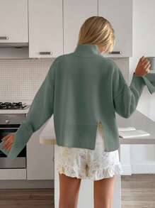 EURMUSE Women Solid Color Mock Neck Rib Knit Hem Sweater - Mint Green - View 3