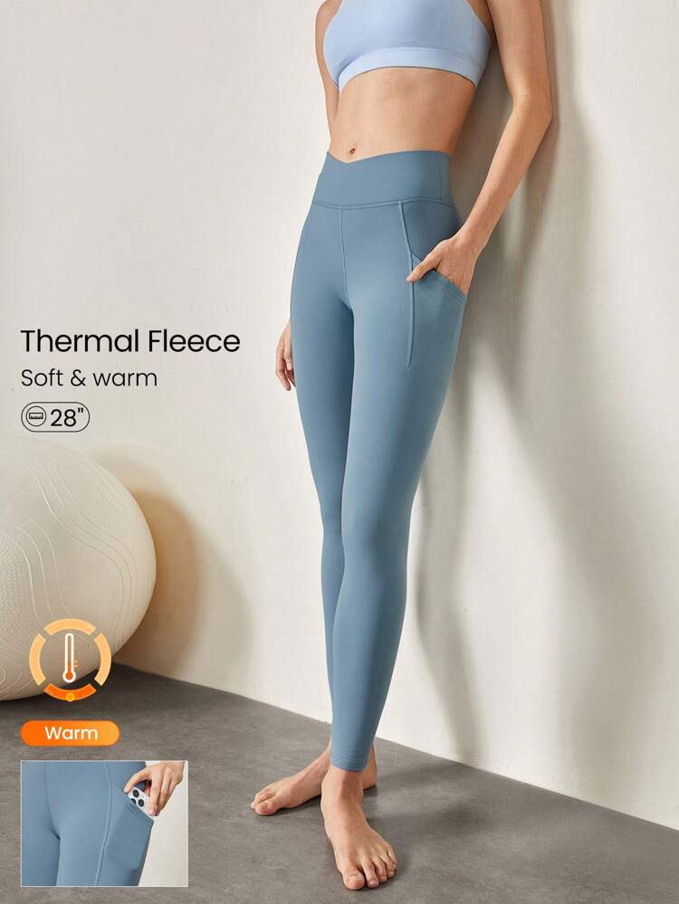 Calça Legging de Cintura Alta com Bolso em Formato de V de Pelúcia 28", Outono e Inverno