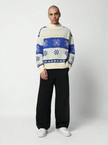 SUMWON Vintage Nordic Sweater Fair Isle Pattern Cozy Winter Oversized Knit Pullover Traditional Snowflake Design Holiday Season Chunky Funnel Neck Casual Festive Jumper - Apricot - View 3
