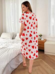 Dream Adore Heart Print Short Sleeve Nightgown Babydoll, Casual & Fashionable For Daily Wear Holidayseason