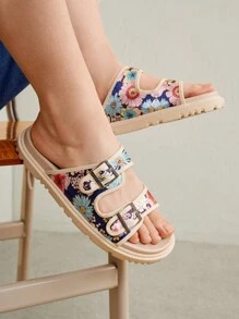 Solecia Damskie płaskie sandały antypoślizgowe z nadrukiem allover, nowe, codzienne, letnie, modne