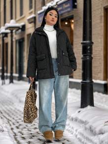 SHEIN EZwear Abrigo casual acolchado con cierre de cremallera y bolsillos para mujer talla grande, color negro y manga larga, para invierno