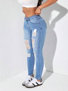 SHEIN EZwear Women's Pocketed Distressed Skinny Casual Versatile Jeans