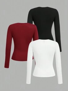 SHEIN EZwear Set de 3 camisetas de manga larga y cuello redondo ajustadas de estilo informal para mujer, para primavera/otoño - Multicolor - Ver 2