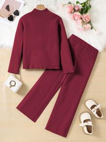 Tween Girl 两件套，时尚休闲高领开衩下摆毛衣和阔腿针织裤，温暖冬季套装，适合居家、旅行、外出 - 紅色 - 查看 2