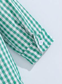 年轻男孩休闲黑白格子长袖口袋衬衫，春秋 - 綠色 - 查看 3