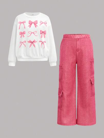 SHEIN 2pcs/Set For Tween Girls, Bow Printed Sweatshirt And Cargo Pants, Cute Ballet Style Streetwear, Suitable For Spring, Fall And Spring, And Winter