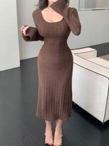 DAZY Women's Solid Round Neck Ribbed Knitted Long Sleeve Elegant Sweater Dress