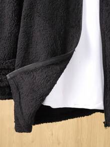 SHEIN Teen Boys 2pcs Casual Smiling Face Embroidered Pattern Hat Devil Horns Styling Clothes White English Weave Mark Double Sided Fleece Black Cardigan Jacket Pants Two Pieces Set Homecoming; Renaissance; Fall Outfits; Teen Boy Clothes; ; Airport; Cocktail Party; Autumn/Winter