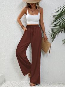SHEIN LUNE Women's Solid Color Drawstring Pocket Casual Pants, Versatile