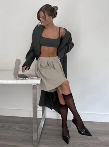 SHEIN Essnce New Spring/Autumn Grey Pleated Midi Skirt For Work Commute, Suitable For Office Lady - Grey - View 5