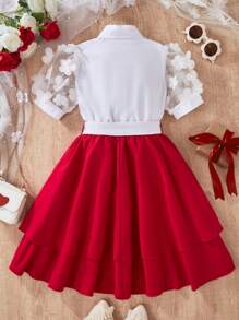 مجموعة بلوزة ذات طوق دانتيل مطرزة وتنورة قصيرة ذات كشكشة على الخصر لفتيات تين، طراز أنيق، مناسب للربيع والصيف والكريسماس 2 قطعة