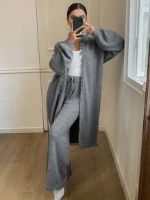 DAZY Conjunto de bata y pantalones holgados de diseño de flecos de punto multicolor para el hogar, ropa de otoño/invierno, pijama, atuendo acogedor - Gris - Ver 6