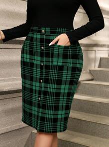 SHEIN Clasi Plus Size Casual Plaid Print Front Button Fitted Skirt, Autumn/Winter