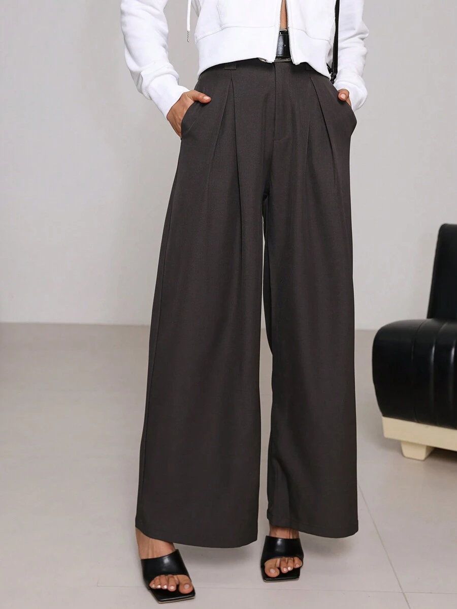 Aloruh Pantalones casuales sencillos de mujer de unicolor con bolsillos - Gris - Ver 1