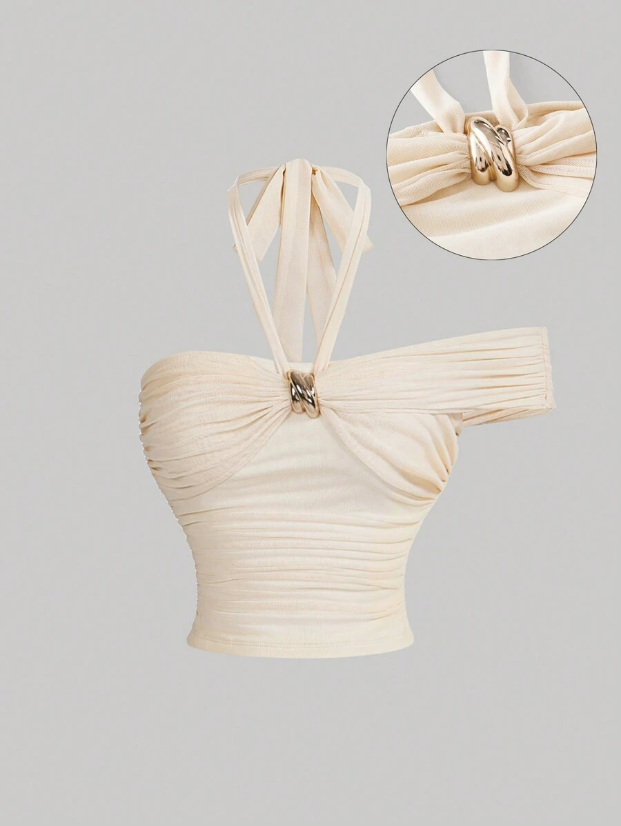 SHEIN MOD 女士杏色优雅金属装饰不对称挂脖上衣，新年、假日、除夕、外出背心、新年上衣 - 杏色 - 查看 1