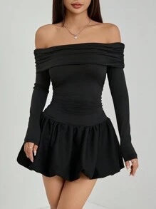 SHEIN PETITE Women's Solid One-Shoulder Long Sleeve Ruffle Hem Mini Dress For Spring & Autumn