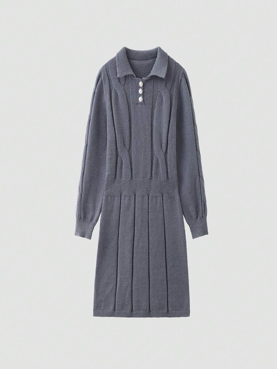 Tween Girls Solid Color Button Casual Versatile Long Sleeve Sweater Dress Fall Winter - Grey - View 1