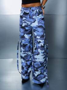 SUMWON WOMEN 阔腿军装风格工装作战裤节日迷彩实用街头时尚下装侧袋长款宽松高腰 - 彩色 - 查看 1
