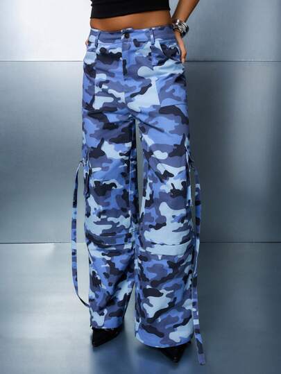 SUMWON WOMEN Wide Leg Military Style Cargo Combat Pants Festival Camouflage Utility Street Fashion Bottoms Side Pockets Long Loose High Waist