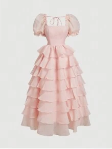 SHEIN MOD Transparante pofmouwen organza jurk met gelaagde, geschulpte rok
