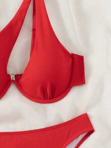SHEIN Swim 2 件套纯色比基尼带钢圈，海滩度假夏季 - 紅色 - 查看 4
