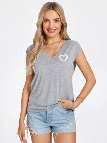 SHEIN LUNE Summer Outfits Heart Print Batwing Sleeve Tee - Light Grey - View 5