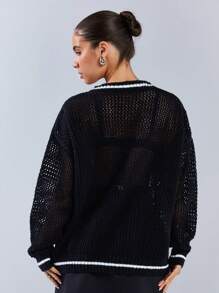 Athîral Pull tricoté décontracté à encolure en V évidée avec motif numérique pour femmes, automne/hiver - Noir - Voir 2