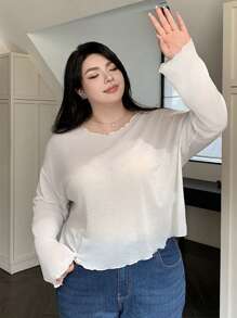 Dazy Plus Loose Round Neck Semi-Sheer Cropped Top For Women, White, Spring/Summer