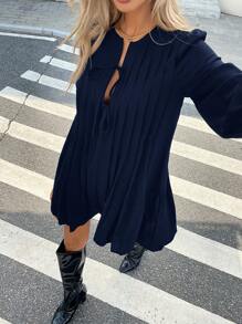 Serisse 女士条纹褶皱基本款连衣裙 - 藏蓝色 - 查看 3