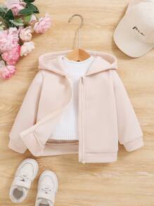 Veste à capuche zippée en polaire de couleur unie pour bébé fille, convient pour l'automne/l'hiver