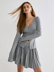 Enchnt Winter Romantic Plain V Collar Long Sleeve Single-Breasted Casual T-Shirt And Pleated Mini Skirt 2 Pieces Set, For Christmas Party&Romantic Dinner Dates, Daily Wear