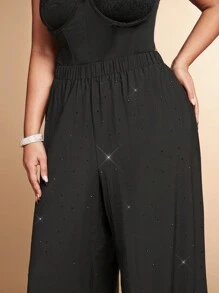 SHEIN BAE Plus Size Women's Black Rhinestone Elastic Waist Pants, Romantic For Date, Formal Occasions, Party, Commuting, Going Out At Night