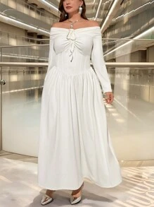 SHEIN Privé 加大码女式露肩腰带褶饰蝴蝶结长袖中长连衣裙，优雅适合度假、晚宴、生日和正式场合，百搭 - 白色 - 查看 1