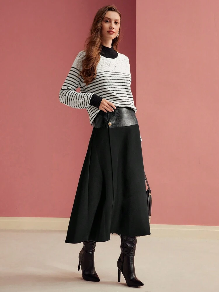 CONTRAST PU LEATHER BUTTON DETAIL SKIRT