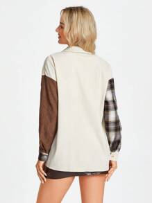 SHEIN LUNE Women's Elegant Casual Commuting Shirt With Vintage Plaid, Color Contrast, Button Collar, Pockets, Corduroy Patchwork, Suitable For Autumn And Winter