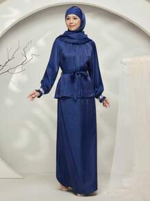 Graceveil Baju Kurung Ancient Style Solid Color Stand Collar Tie Loose Simple Fashionable Casual Daily Wear Modest