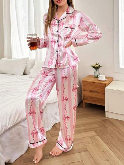 Dream Adore Ribbon Bow Print Faux Zijden Lapel Pajama Set Fall Clothes Cozy Elegante view 4